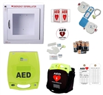 ZOLL AED Plus Business AED Package. The ZOLL AED Plus package includes a ZOLL AED and all the needed AED accessories for your workplace AED program.