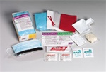Bodily Fluid Clean Up Pack, 16 piece. One-time use pack containing necessary PPE products to provide personal protection at a bodily fluid spill scene. Pack is small enough to include in a first aid cabinet or store in a convenient location. 214-P