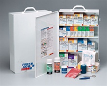This 4-shelf, 1,059-piece industrial first aid station meets and exceeds OSHA recommendations for businesses, offices and work sites. Serves up to 150 people. The swing-out door and easy-to-carry handle add extra convenience. 248-O
