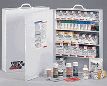 5-shelf First Aid Station, 1,720-piece industrial first aid station, is designed for businesses, offices and work sites. Meets or exceeds OSHA and ANSI Standard fill requirements. 249-O