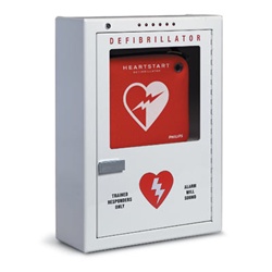 The Philips Defibrillator or AED Cabinet is constructed of heavy gauge steel and tempered glass, protects your defibrillator from theft and the elements.
Equipped with an audible alarm and flashing lights.  989803110041, Alt # PFE7024D